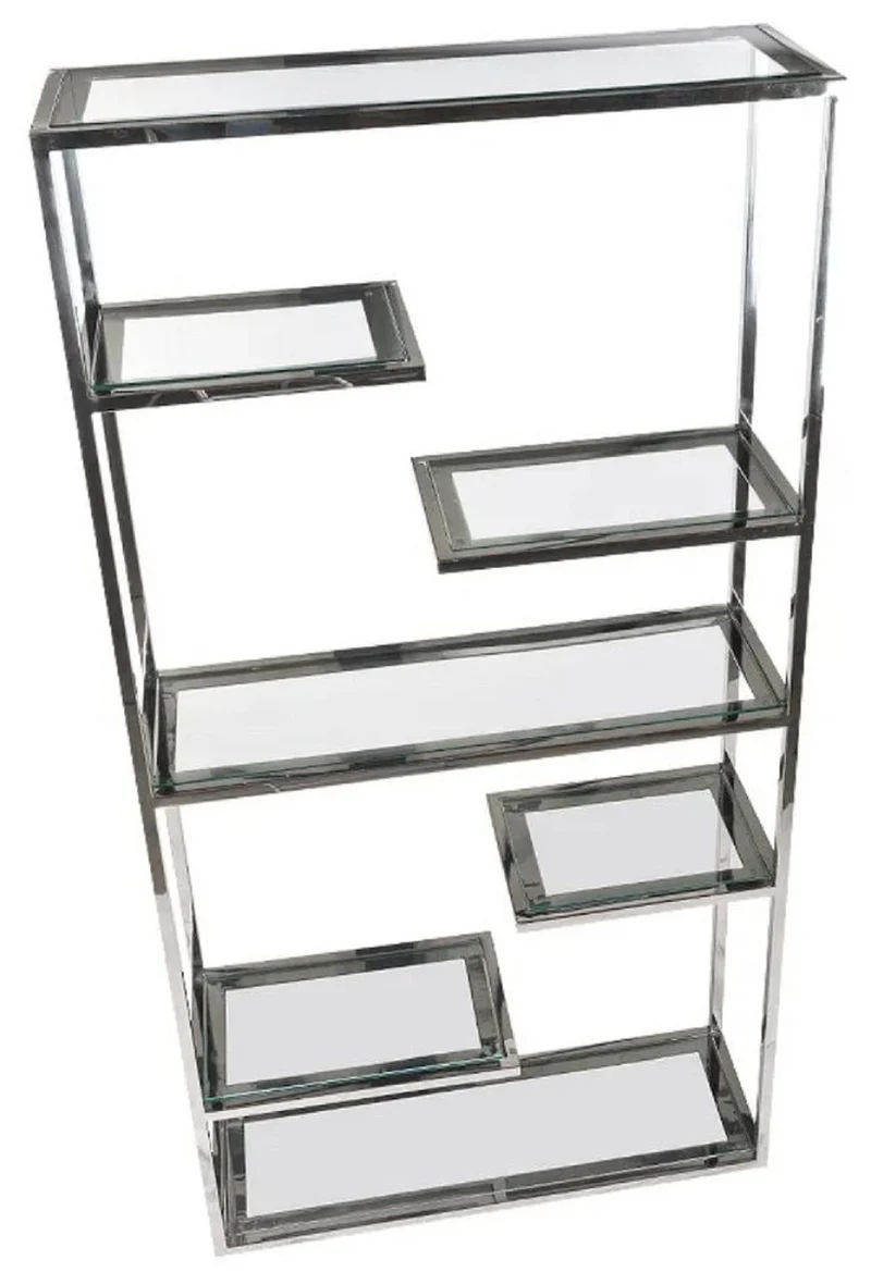Casa Padrino Regalschrank mit Glasregalen Silber 110 x 36 x H. 220 cm - Bücherschrank - Wohnzimmer Schrank - Büro Schrank - Wohnzimmer Möbel - Büro Möbel - Luxus Möbel