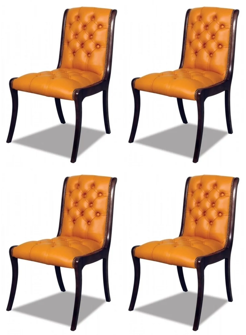 Casa Padrino Luxus Chesterfield Leder Esszimmer Stuhl 4er Set Orange / Dunkelbraun 50 x 47 x H. 95 cm - Chesterfield Echtleder Küchenstühle - Chesterfield Möbel - Leder Möbel - Luxus Möbel