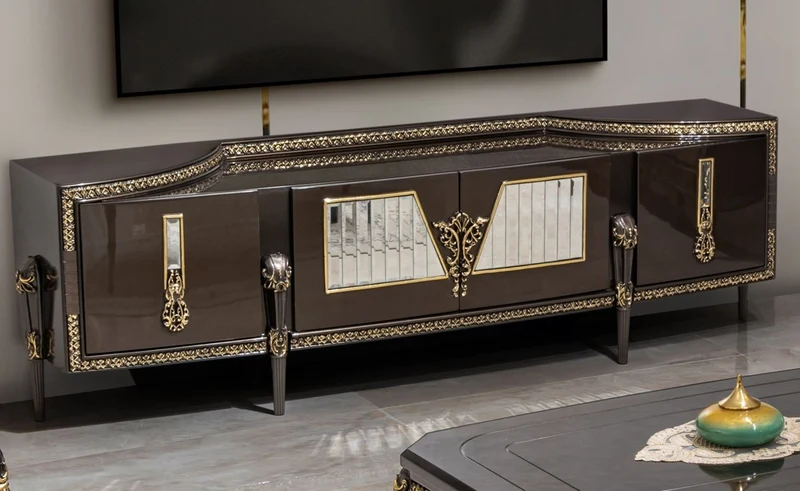 Casa Padrino Luxus Barock TV Schrank Dunkelbraun / Gold 235 cm - Barock Möbel