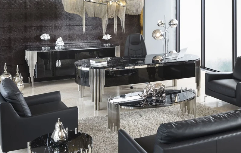 Casa Padrino Luxus Sideboard mit 4 Türen und Kunstmarmor Platte Schwarz / Silber 251,2 cm - Luxus Möbel