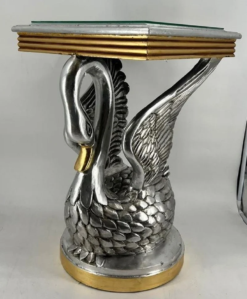 Casa Padrino Barock Beistelltisch Schwan mit Glasplatte Silber / Gold H. 78 cm - Barock Möbel