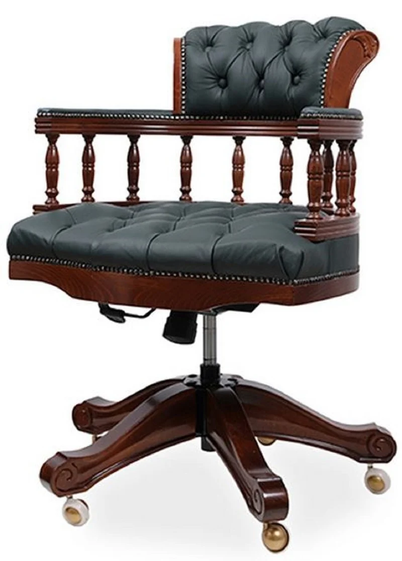 Casa Padrino Luxus Barock Chesterfield Leder Schreibtischstuhl Dunkelgrün / Dunkelbraun - Höhenverstellbarer Echtleder Bürostuhl - Büro Möbel - Edel & Prunkvoll