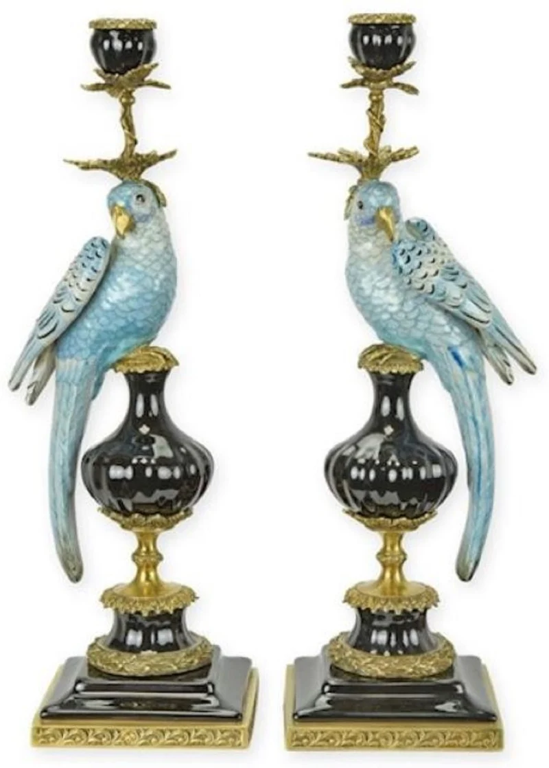 Casa Padrino Jugendstil Kerzenhalter Set Papageien Blau / Schwarz / Messing 16,1 x 12,8 x H. 48 cm - Porzellan Kerzenständer - Hotel & Restaurant Accessoires - Barock & Jugendstil Deko Accessoires