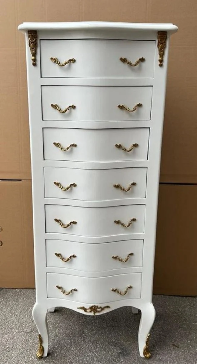 Casa Padrino Barock Kommode mit 7 Schubladen Weiß / Messing - Handgefertigter Massivholz Schrank im Barockstil - Wohnzimmer Möbel im Barockstil - Barock Möbel - Barock Einrichtung