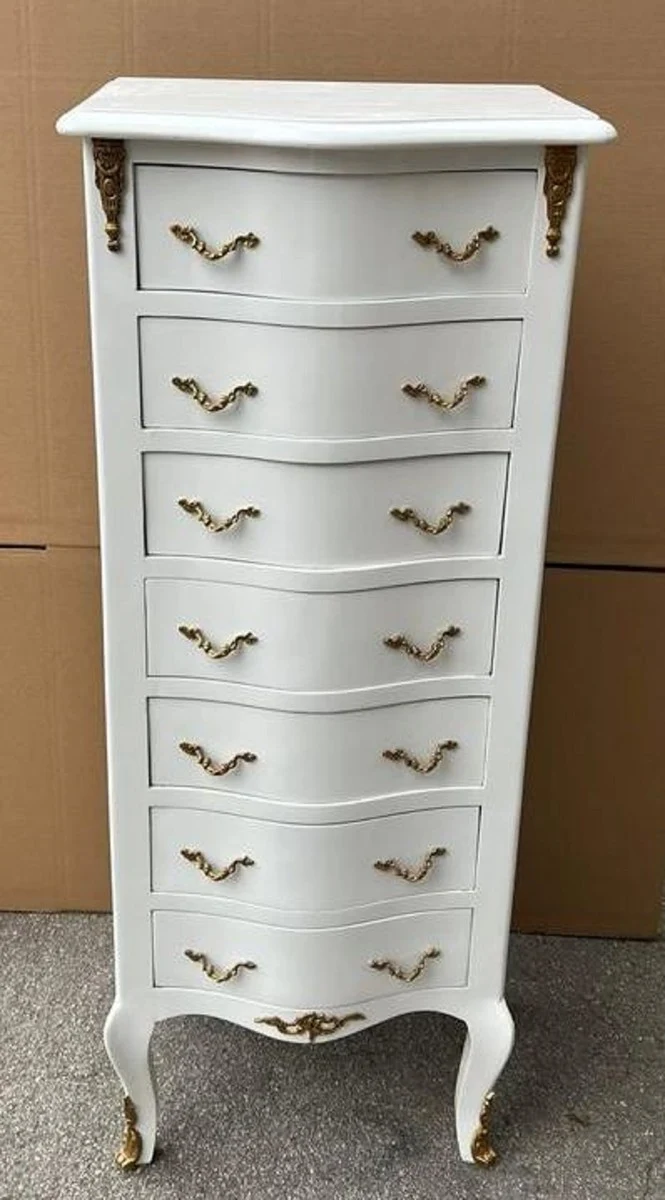 Casa Padrino Barock Kommode mit 7 Schubladen Weiß / Messing - Handgefertigter Massivholz Schrank im Barockstil - Wohnzimmer Möbel im Barockstil - Barock Möbel - Barock Einrichtung