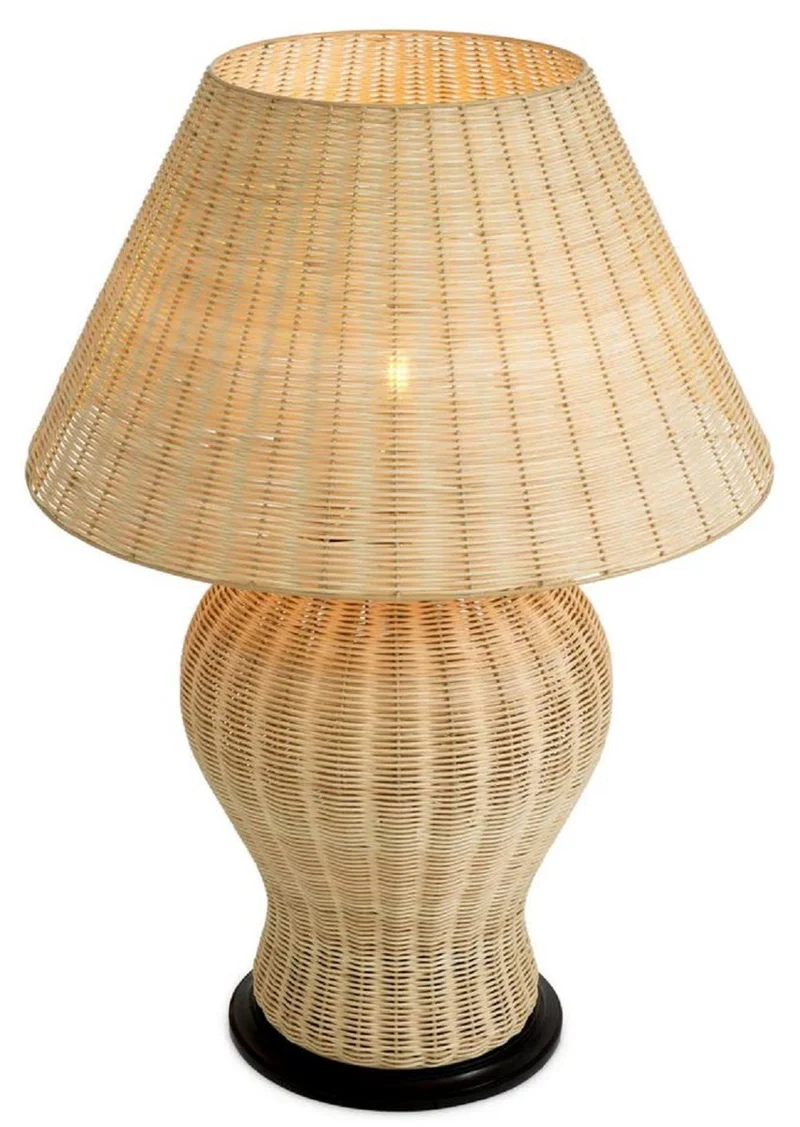 Casa Padrino Luxus Rattan Tischleuchte Naturfarben / Schwarz Ø 66,5 x H. 96,5 cm