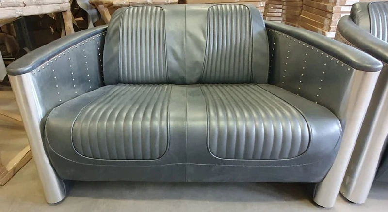 Casa Padrino Luxus Art Deco Leder Sofa Grau / Silber 172 x 70 x H. 82 cm - Aluminium Wohnzimmer Sofa mit Echtleder - Aluminium Flugzeug Flieger Sofa Möbel