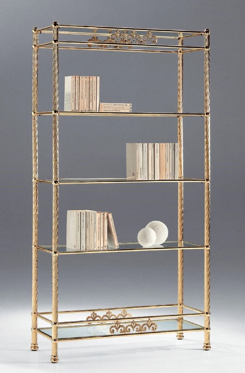 Casa Padrino Luxus Messing Regalschrank mit Glasregalen 90 x 36 x H. 170 cm - Bücherschrank - Wohnzimmer Schrank - Büro Schrank - Wohnzimmer Möbel - Büro Möbel - Luxus Qualität - Made in Italy