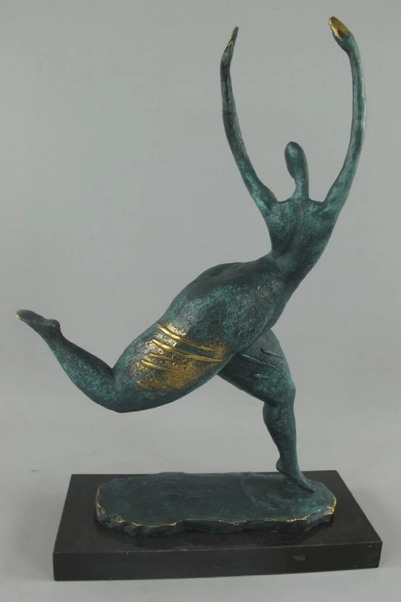 Casa Padrino Luxus Bronze Deko Skulptur Tänzerin Türkis / Gold / Schwarz 35 x 15 x H. 48 cm - Abstrakte Bronze Deko Figur mit Marmorsockel - Schreibtisch Deko - Deko Accessoires