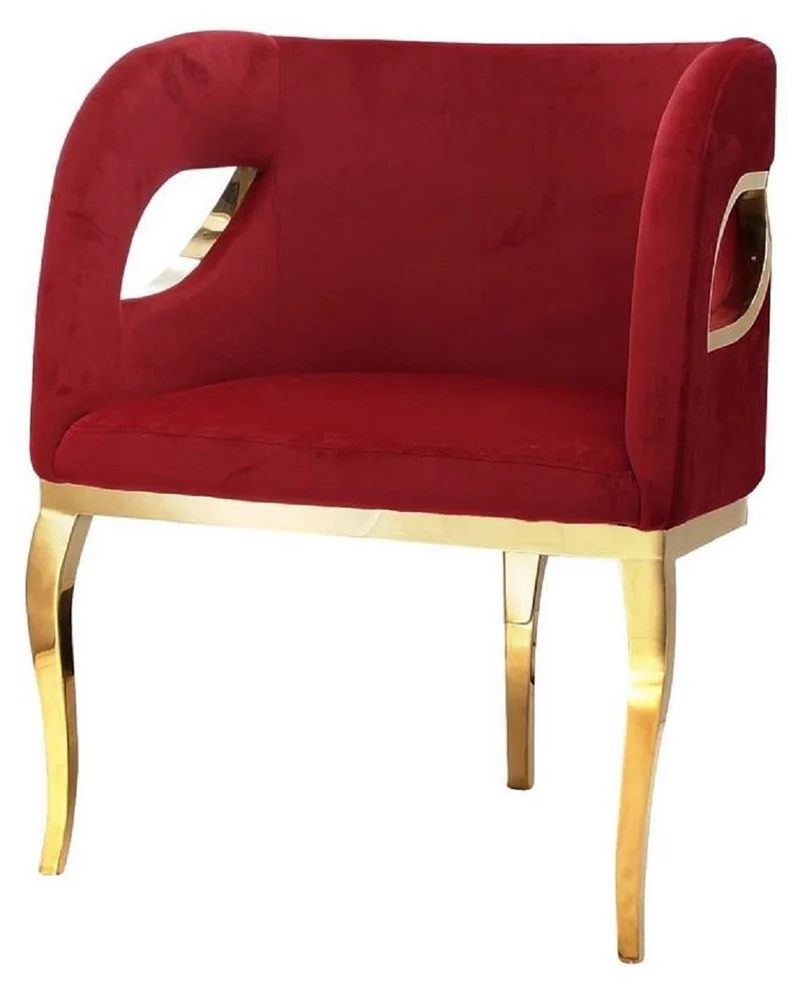 Casa Padrino Luxus Samt Sessel Rot / Gold 78 x 55 x H. 59 cm - Wohnzimmer Sessel - Hotel Sessel - Wohnzimmer Möbel - Luxus Möbel - Wohnzimmer Einrichtung - Luxus Einrichtung - Möbel Luxus