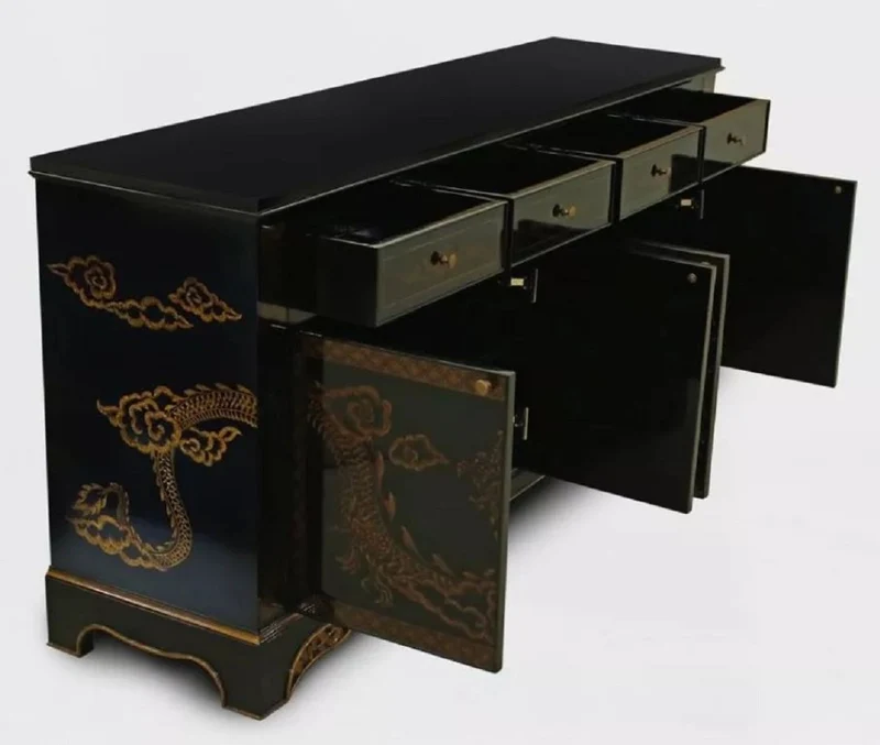 Casa Padrino Luxus Barock Sideboard im chinesischen Stil Schwarz / Gold - Barockstil Massivholz Schrank mit 4 Schubladen & 4 Türen - Luxus Esszimmer Möbel im Barockstil - Barock Esszimmer Möbel