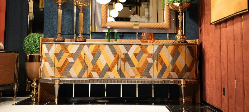 Casa Padrino Luxus Art Deco Möbel Set Mehrfarbig / Braun / Grau / Gold - 1 Luxus Art Deco Sideboard mit 4 Türen & 1 Luxus Art Deco Spiegel - Luxus Art Deco Möbel