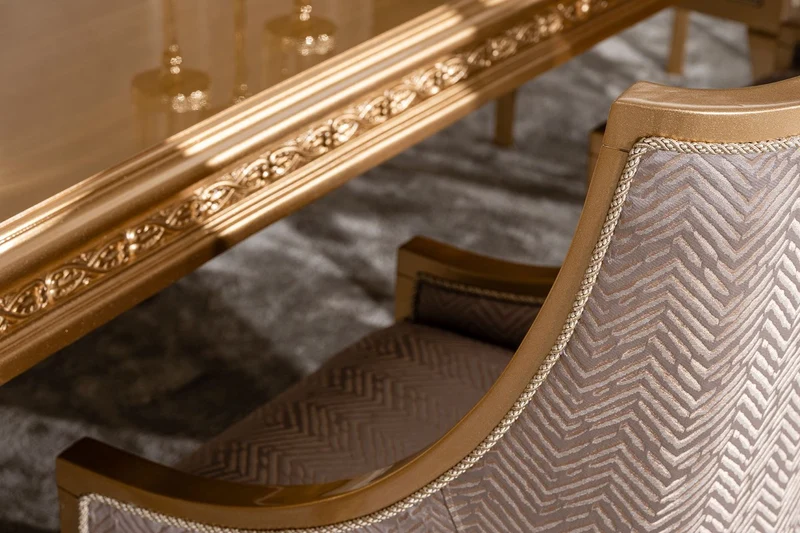 Casa Padrino Luxus Barock Esszimmer Set Grau / Gold - 1 Barock Esstisch & 6 Barock Esszimmerstühle - Luxus Esszimmer Möbel im Barockstil - Prunkvolle Barock Esszimmer Möbel