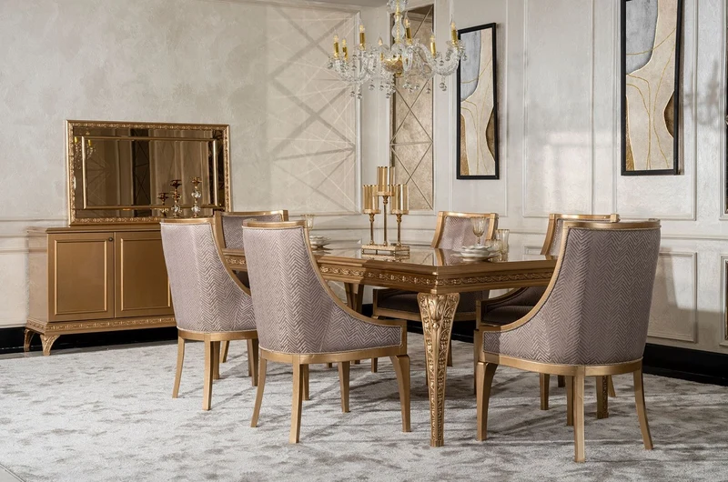 Casa Padrino Luxus Barock Esszimmer Set Grau / Gold - 1 Barock Esstisch & 6 Barock Esszimmerstühle - Luxus Esszimmer Möbel im Barockstil - Prunkvolle Barock Esszimmer Möbel