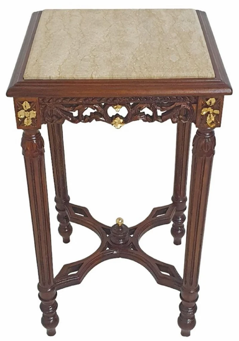 Casa Padrino Barock Beistelltisch Braun / Gold / Creme - Quadratischer Barockstil Massivholz Tisch mit Marmorplatte - Wohnzimmer Möbel im Barockstil - Barock Möbel