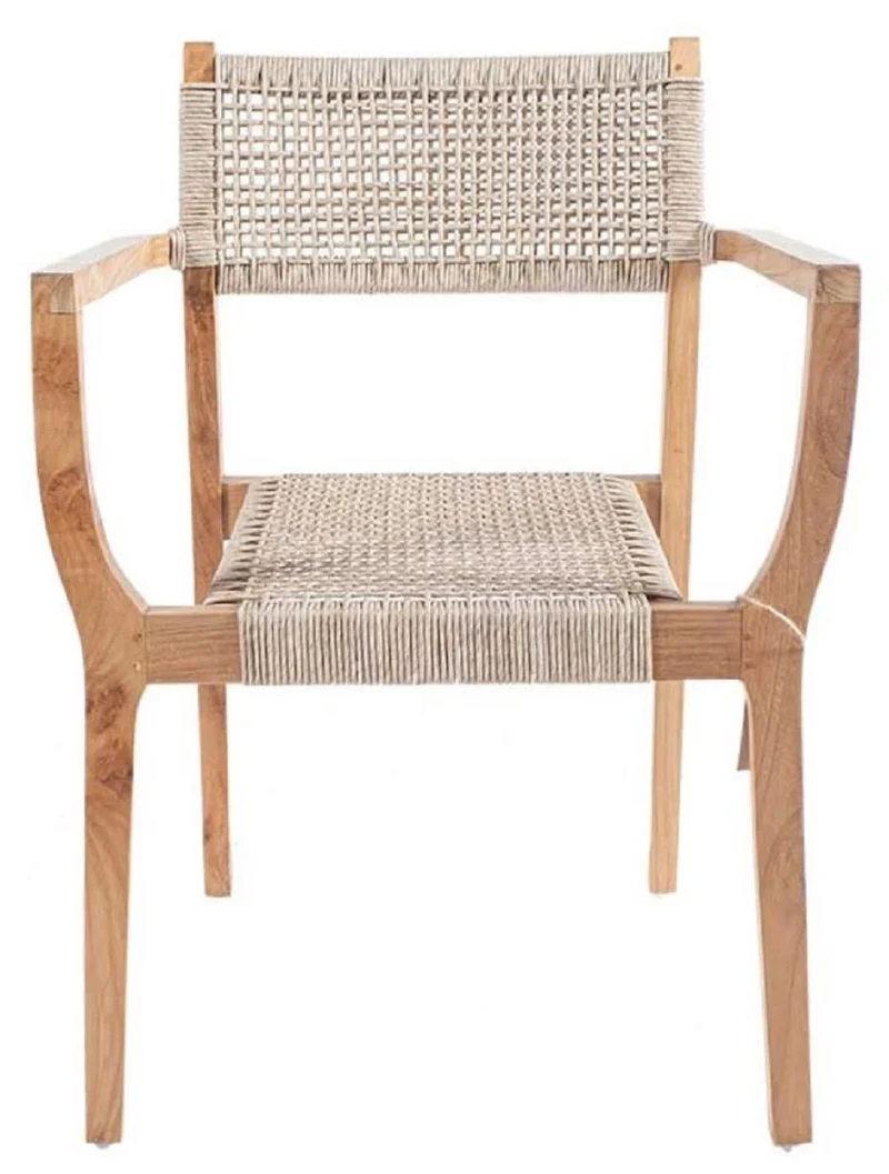 Casa Padrino Luxus Esszimmer Stuhl mit Armlehnen Naturfarben 60 x 50 x H. 85 cm - Luxus Massivholz Garten Stuhl mit Rattangeflecht - Esszimmer Möbel - Garten Möbel
