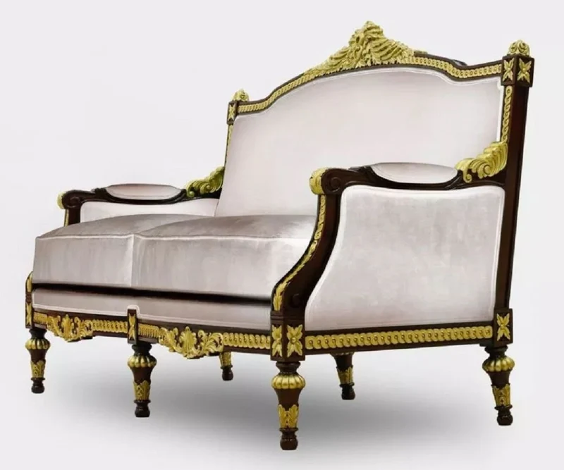 Casa Padrino Luxus Barock Wohnzimmer 2er Sofa Grau / Dunkelbraun / Gold - Handgefertigtes Barockstil Sofa - Luxus Wohnzimmer Möbel im Barockstil - Barock Möbel - Edel & Prunkvoll