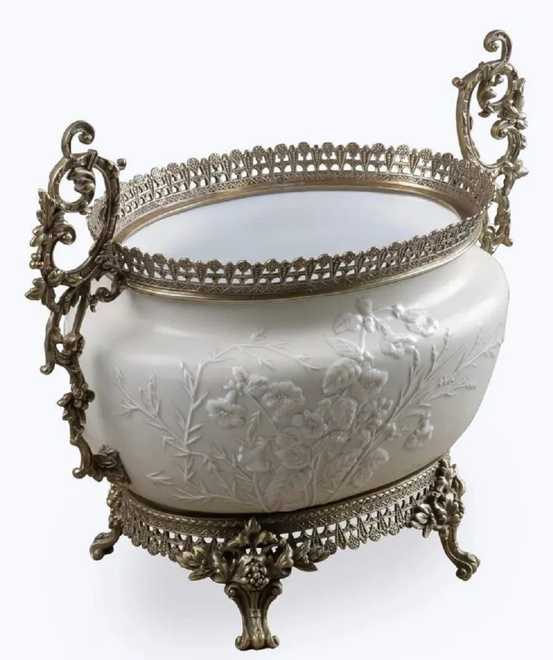 Casa Padrino Barock Porzellan Schüssel Grau / Weiß / Bronze H. 34 cm - Barock Deko Accessoires