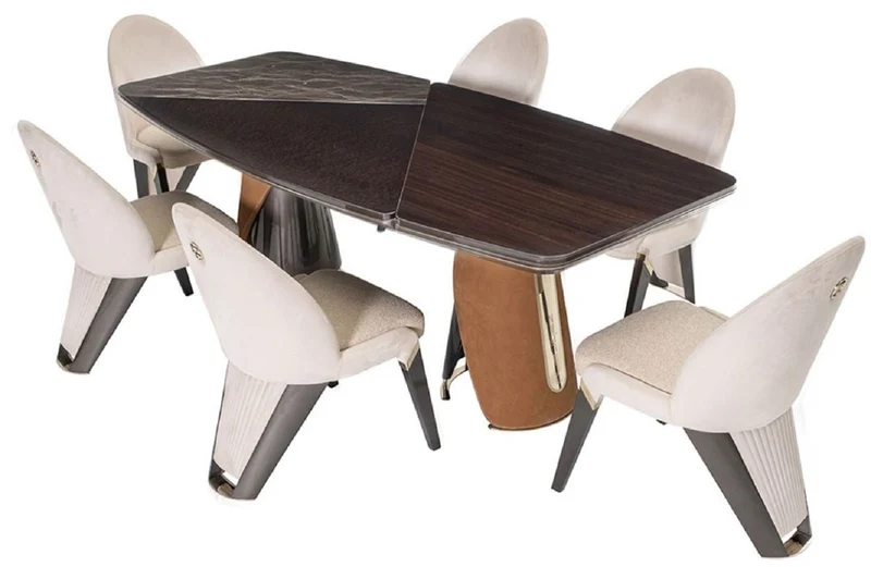 Casa Padrino Luxus Esstisch Dunkelbraun / Grau / Hellbraun / Gold 240 x 113 x H. 79,5 cm - Massivholz Esszimmertisch mit Tischplatte in Marmoroptik - Esszimmer Möbel - Luxus Möbel