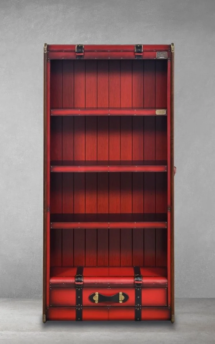 Casa Padrino Luxus Regalschrank in Koffer Optik Rot / Schwarz / Braun / Messing 84 x 35 x H. 187,5 cm - Massivholz Schrank mit Echtleder - Büro Schrank - Büro Möbel - Luxus Möbel in Koffer Optik