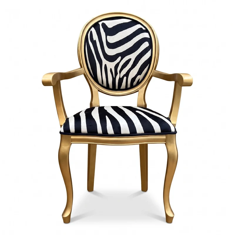 Casa Padrino Luxus Barock Esszimmer Stuhl Zebra / Gold - Handgefertigter Barockstil Stuhl mit Armlehnen und edlem Samtstoff - Esszimmer Möbel im Barockstil
