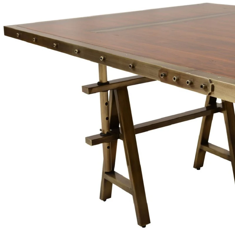 Casa Padrino Luxus Vintage Industrie Stil Esstisch Braun / Messing 226,5 x 111 x H. 75,5 cm - Rechteckiger Esszimmertisch mit Massivholz Tischplatte - Luxus Vintage Industrie Stil Esszimmer Möbel