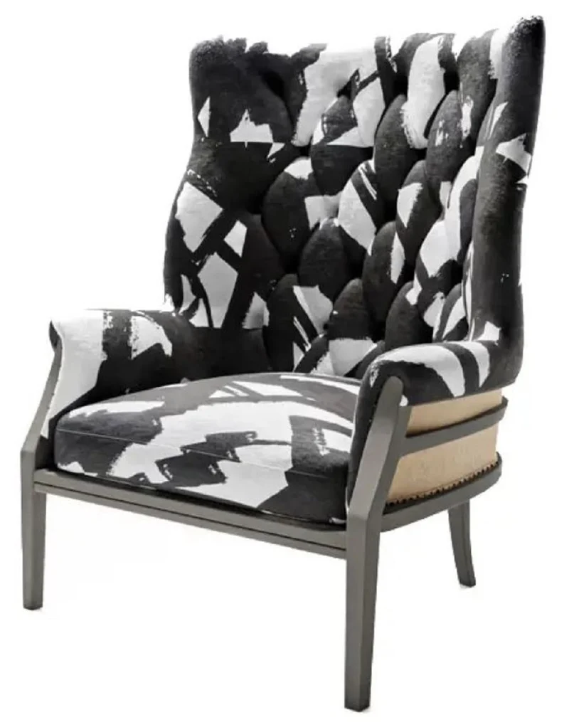 Casa Padrino Luxus Samt Sessel Schwarz / Weiß / Naturfarben 75 x 70 x H. 110 cm - Wohnzimmer Sessel - Hotel Sessel - Wohnzimmer Möbel - Hotel Möbel - Luxus Möbel - Luxus Einrichtung