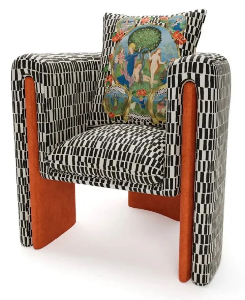 Casa Padrino Luxus Designer Samt Sessel mit Kissen Schwarz / Weiß / Orange 80 x 68 x H. 99 cm - Wohnzimmer Sessel - Hotel Sessel - Wohnzimmer Möbel - Hotel Möbel - Luxus Möbel - Designer Möbel