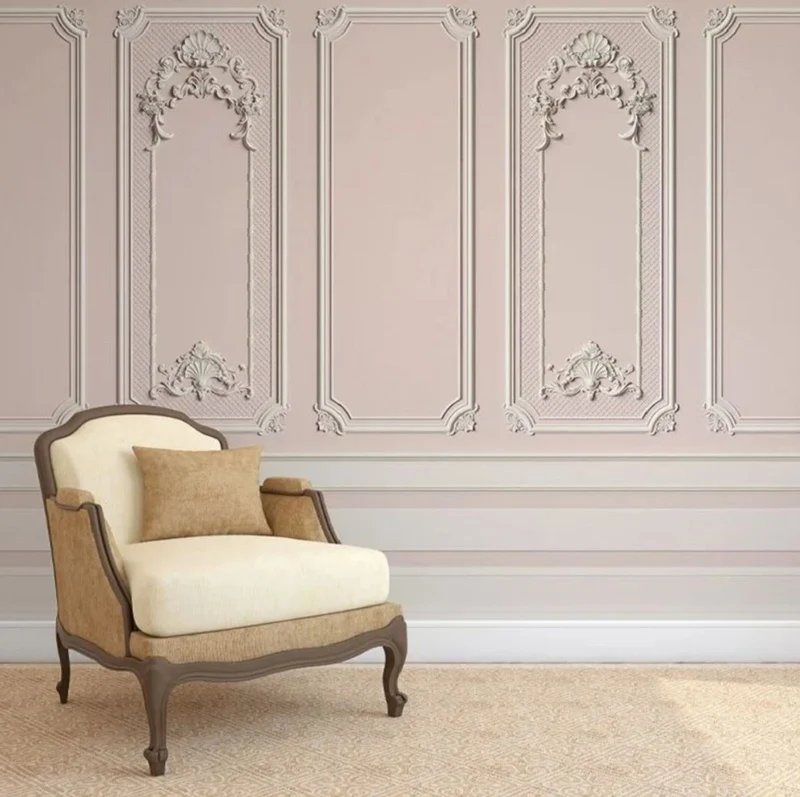 Casa Padrino Luxus Barock Vliestapete Rosa / Grau - Barockstil Wohnzimmer Tapete mit elegantem Stuck Muster - Wanddeko im Barockstil - Barock Tapeten - Tapeten im Barockstil - Barock Deko