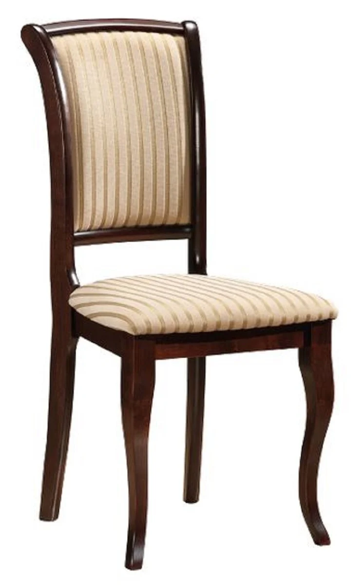 Casa Padrino Jugendstil Esszimmer Stuhl Creme / Gold / Dunkelbraun 44 x 44 x H. 96 cm - Eleganter Massivholz Küchen Stuhl mit Streifen - Barock & Jugendstil Esszimmer Möbel