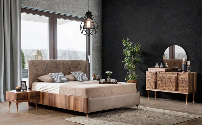 Casa Padrino Luxus Schlafzimmer Set Grau / Braun / Kupfer - 1 Doppelbett mit Kopfteil & 2 Nachtkommoden - Luxus Schlafzimmer Möbel - Luxus Schlafzimmer Einrichtung