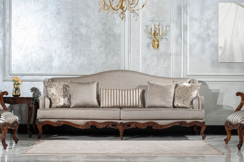 Casa Padrino Luxus Barock Wohnzimmer Sofa Silber / Braun - Handgefertigtes Barockstil Sofa mit dekorativen Kissen - Luxus Wohnzimmer Möbel im Barockstil - Barock Möbel - Edel & Prunkvoll