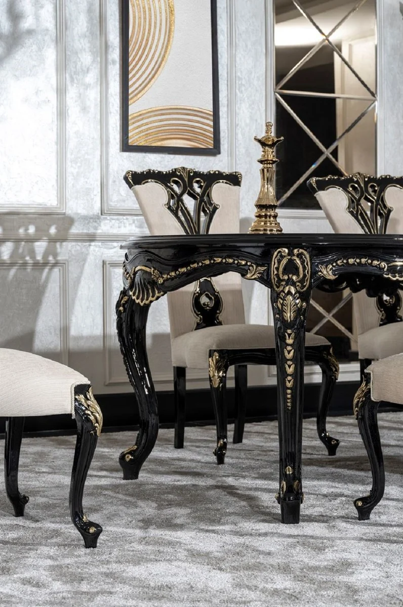 Casa Padrino Luxus Barock Esszimmer Set Creme / Schwarz / Gold - 1 Barock Esstisch & 8 Barock Esszimmerstühle - Luxus Esszimmer Möbel im Barockstil - Prunkvolle Barock Esszimmer Möbel
