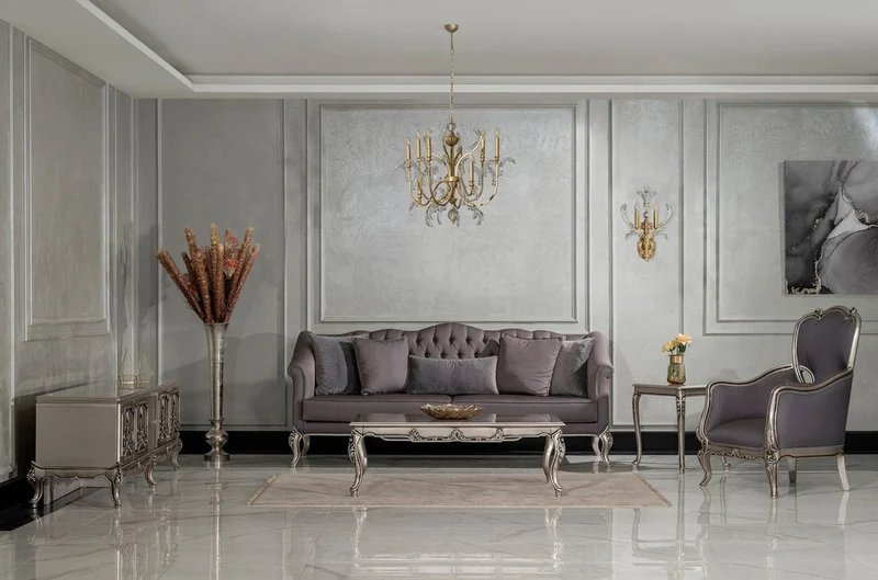 Casa Padrino Luxus Barock Wohnzimmer Sofa Grau / Silber - Handgefertigtes Barockstil Sofa mit dekorativen Kissen - Barock Möbel - Luxus Wohnzimmer Möbel im Barockstil - Edel & Prunkvoll