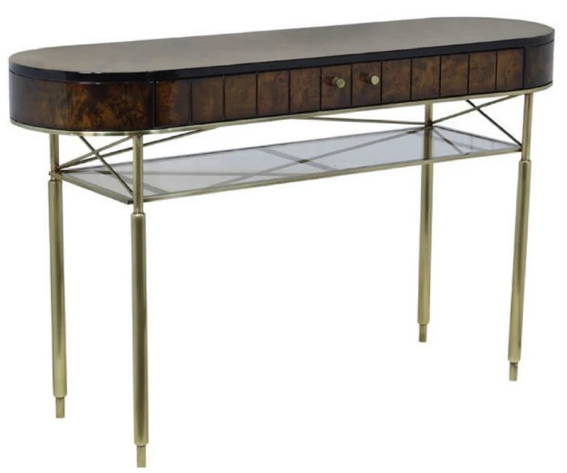 Casa Padrino Luxus Konsole Braun / Gold / Grau 140 x 40 x H. 85 cm - Ovaler Konsolentisch - Luxus Möbel - Wohnzimmer Möbel - Luxus Einrichtung - Wohnzimmer Einrichtung