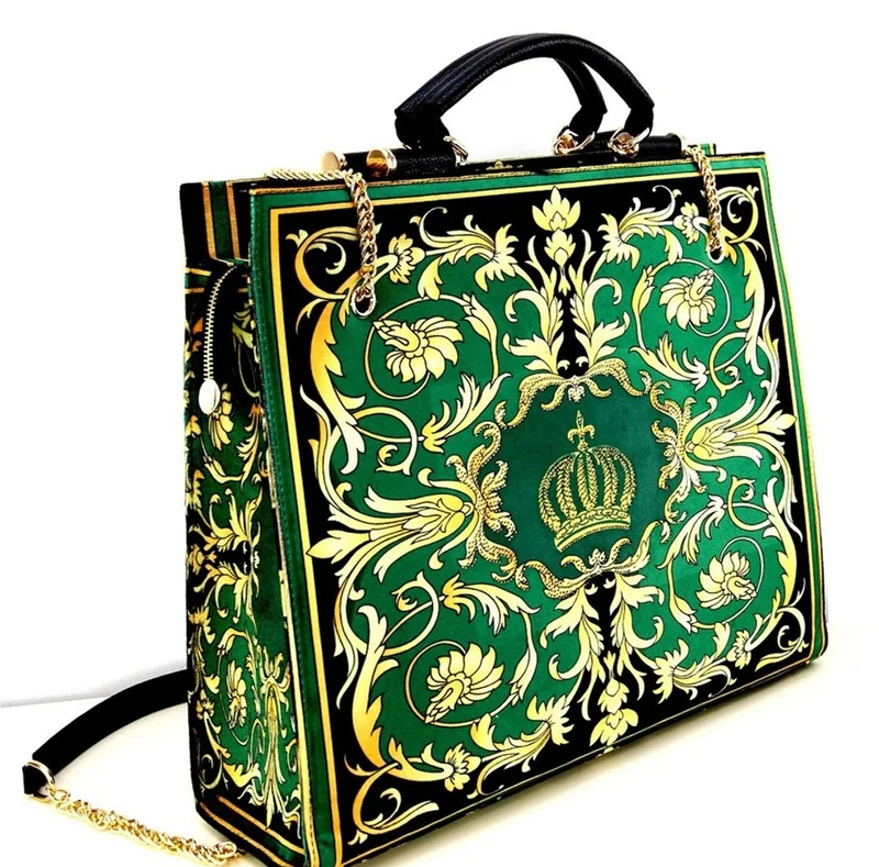 Pompöös by Casa Padrino Damen Luxus Handtaschen Set Baroque Flowers mit Krone und Strass Steine Grün / Schwarz / Gold - Pompööse Damen Handtaschen designed by Harald Glööckler