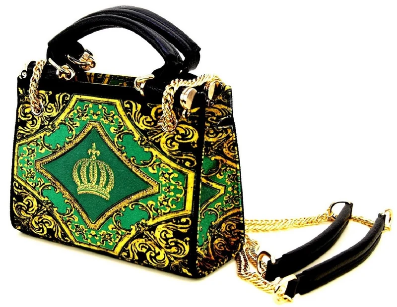 Pompöös by Casa Padrino Damen Luxus Handtaschen Set Baroque Flowers mit Krone und Strass Steine Grün / Schwarz / Gold - Pompööse Damen Handtaschen designed by Harald Glööckler