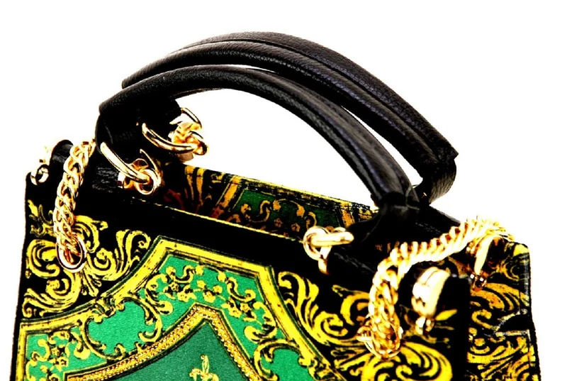 Pompöös by Casa Padrino Damen Luxus Handtaschen Set Baroque Flowers mit Krone und Strass Steine Grün / Schwarz / Gold - Pompööse Damen Handtaschen designed by Harald Glööckler