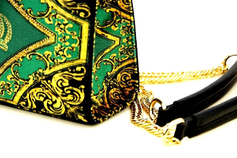 Pompöös by Casa Padrino Damen Luxus Handtaschen Set Baroque Flowers mit Krone und Strass Steine Grün / Schwarz / Gold - Pompööse Damen Handtaschen designed by Harald Glööckler