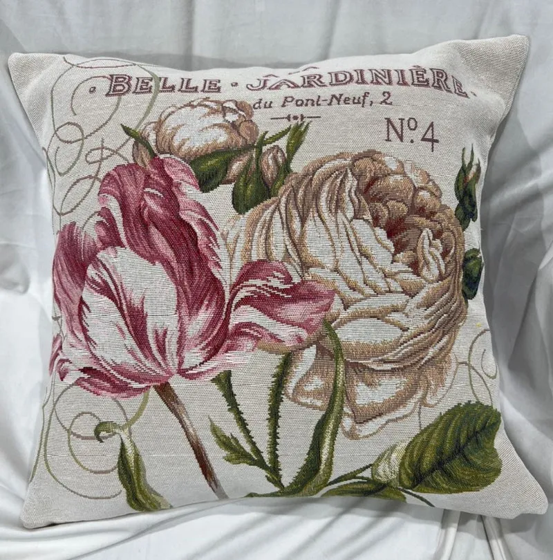 Casa Padrino Luxus Deko Kissen Rosen Creme / Mehrfarbig 45 x 45 cm - Bedrucktes Zierkissen mit edlem Gobelin Stoff - Luxus Deko Accessoires