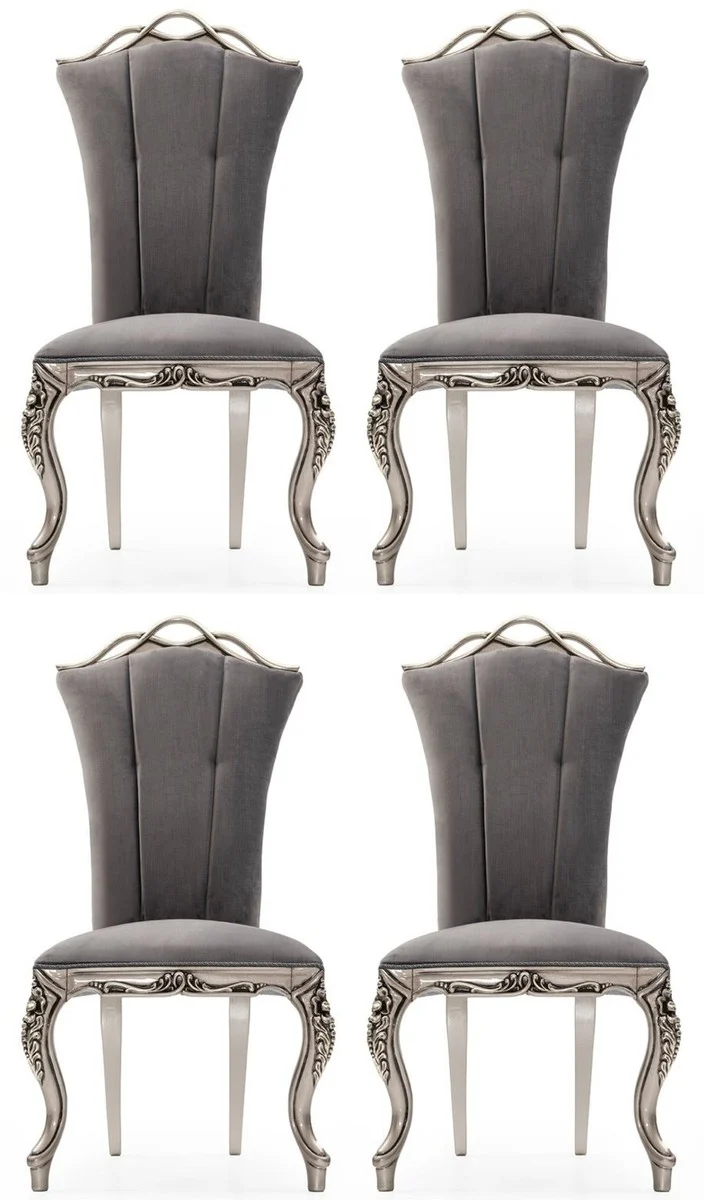 Casa Padrino Luxus Barock Esszimmer Stuhl 4er Set Grau / Silber - Prunkvolle Barockstil Küchen Stühle - Luxus Esszimmer Möbel im Barockstil - Barock Esszimmer Möbel - Barockstil Möbel