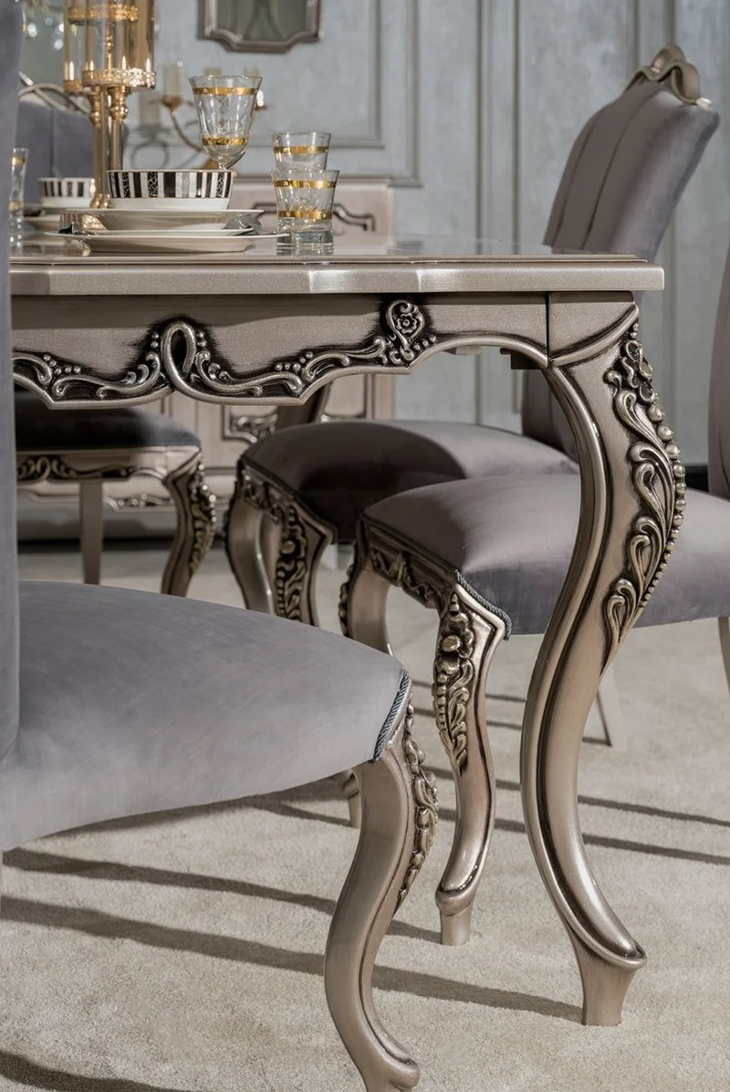 Casa Padrino Luxus Barock Esszimmer Stuhl 4er Set Grau / Silber - Prunkvolle Barockstil Küchen Stühle - Luxus Esszimmer Möbel im Barockstil - Barock Esszimmer Möbel - Barockstil Möbel