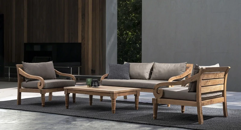 Casa Padrino Luxus Gartensofa Grau / Naturfarben 165 x 80 x H. 75 cm - Rustikales Teakholz Garten Sofa mit Kissen - Massivholz Garten Möbel - Rustikale Garten Möbel - Luxus Garten Möbel