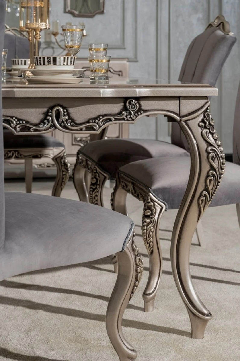 Casa Padrino Luxus Barock Esstisch Silber - Rechteckiger Barockstil Küchentisch - Luxus Esszimmer Möbel im Barockstil - Barock Esszimmer Möbel - Barock Einrichtung