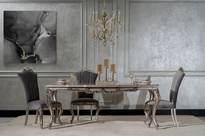 Casa Padrino Luxus Barock Esstisch Silber - Rechteckiger Barockstil Küchentisch - Luxus Esszimmer Möbel im Barockstil - Barock Esszimmer Möbel - Barock Einrichtung