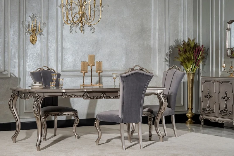 Casa Padrino Luxus Barock Esstisch Silber - Rechteckiger Barockstil Küchentisch - Luxus Esszimmer Möbel im Barockstil - Barock Esszimmer Möbel - Barock Einrichtung
