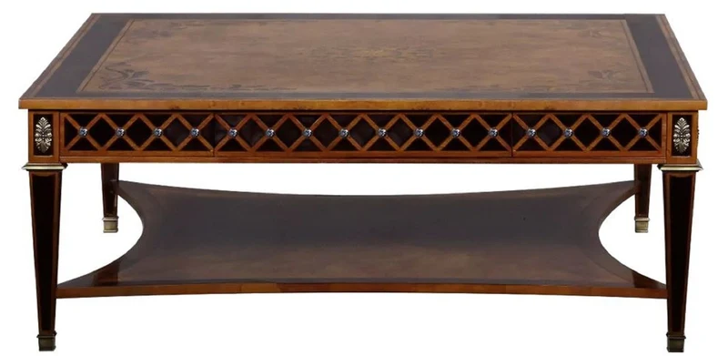 Casa Padrino Luxus Art Deco Couchtisch Naturfarben / Braun Intarsien / Silber / Antik Messing 130 x 130 x H. 50 cm - Quadratischer Wohnzimmertisch - Luxus Art Deco Wohnzimmer Möbel