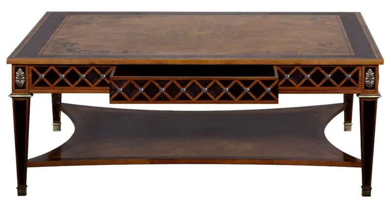 Casa Padrino Luxus Art Deco Couchtisch Naturfarben / Braun Intarsien / Silber / Antik Messing 130 x 130 x H. 50 cm - Quadratischer Wohnzimmertisch - Luxus Art Deco Wohnzimmer Möbel
