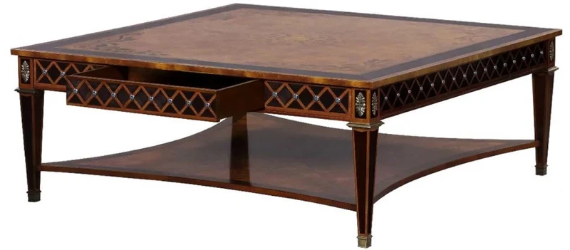 Casa Padrino Luxus Art Deco Couchtisch Naturfarben / Braun Intarsien / Silber / Antik Messing 130 x 130 x H. 50 cm - Quadratischer Wohnzimmertisch - Luxus Art Deco Wohnzimmer Möbel