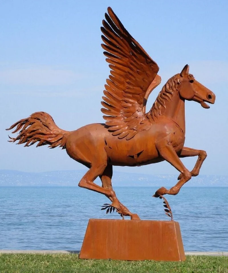 Casa Padrino Luxus Deko Skulptur Pegasus Pferd mit Sockel Rost 288 x 175 x H. 305 cm - Lebensgroße Stahl Skulptur - Riesige Garten Deko Figur - Garten Skulpturen - Metall Skulpturen